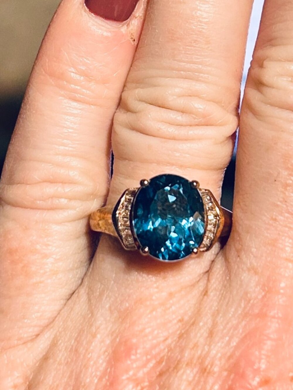 MACY'S Blue Topaz Rose Gold OVer Silver Cocktail Ring Sz 7 NWT